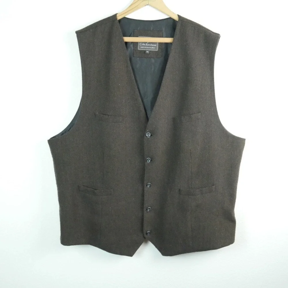 Celtic Ranchwear Mens Brown Herringbone Wool Blnd Vest 3XL Irish Waistcoat Tweed